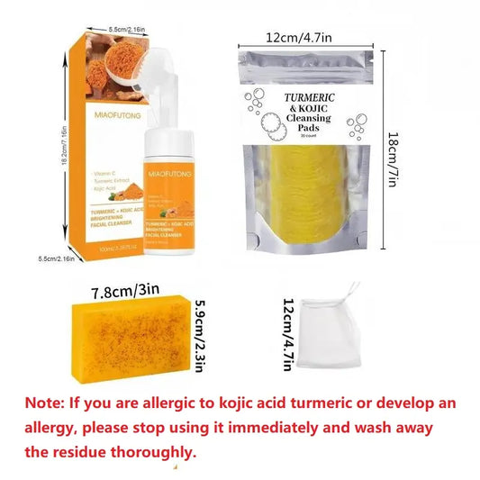 Turmeric Kojic Deep Cleansing and Brightening Skin Care Set for All Skin Types - Nourishing Face Soap, Mousse Cleanser, Cleansing Pad, and Oil