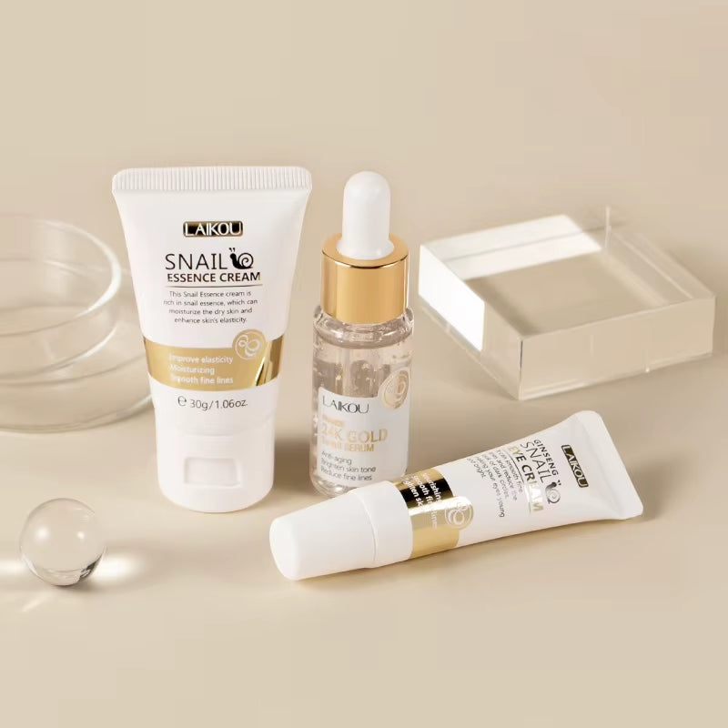 3Pcs Snail Facial Skin Care Set Collagen Face Cream Moisturizer 24K Gold Face Serum Eye Circles Eye Cream Skincare Suit